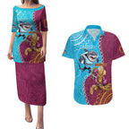 Personalised Sharks And Broncos Rugby Couples Matching Puletasi and Hawaiian Shirt Aboriginal Mix Polynesian Pattern