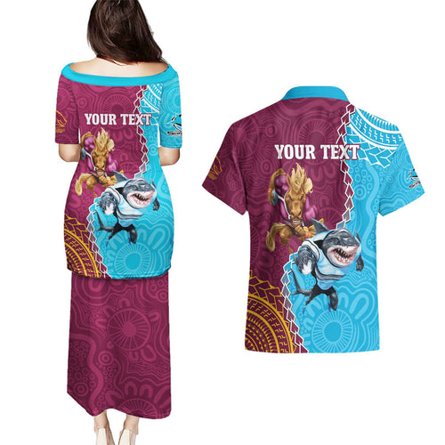 Personalised Sharks And Broncos Rugby Couples Matching Puletasi and Hawaiian Shirt Aboriginal Mix Polynesian Pattern