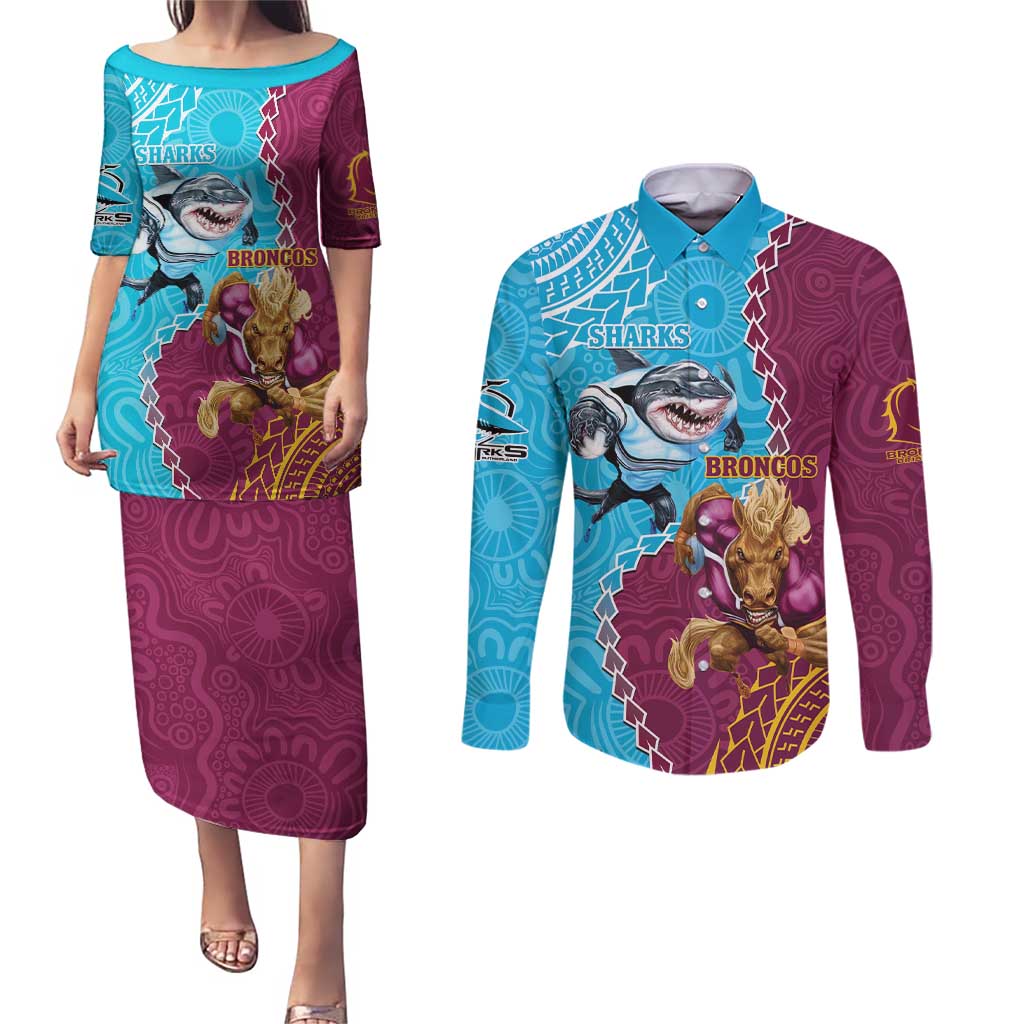 Personalised Sharks And Broncos Rugby Couples Matching Puletasi and Long Sleeve Button Shirt Aboriginal Mix Polynesian Pattern