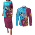 Personalised Sharks And Broncos Rugby Couples Matching Puletasi and Long Sleeve Button Shirt Aboriginal Mix Polynesian Pattern