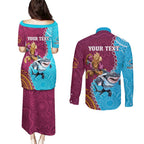 Personalised Sharks And Broncos Rugby Couples Matching Puletasi and Long Sleeve Button Shirt Aboriginal Mix Polynesian Pattern