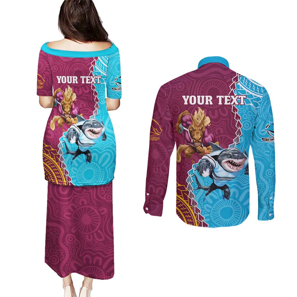 Personalised Sharks And Broncos Rugby Couples Matching Puletasi and Long Sleeve Button Shirt Aboriginal Mix Polynesian Pattern