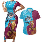 Personalised Sharks And Broncos Rugby Couples Matching Short Sleeve Bodycon Dress and Hawaiian Shirt Aboriginal Mix Polynesian Pattern