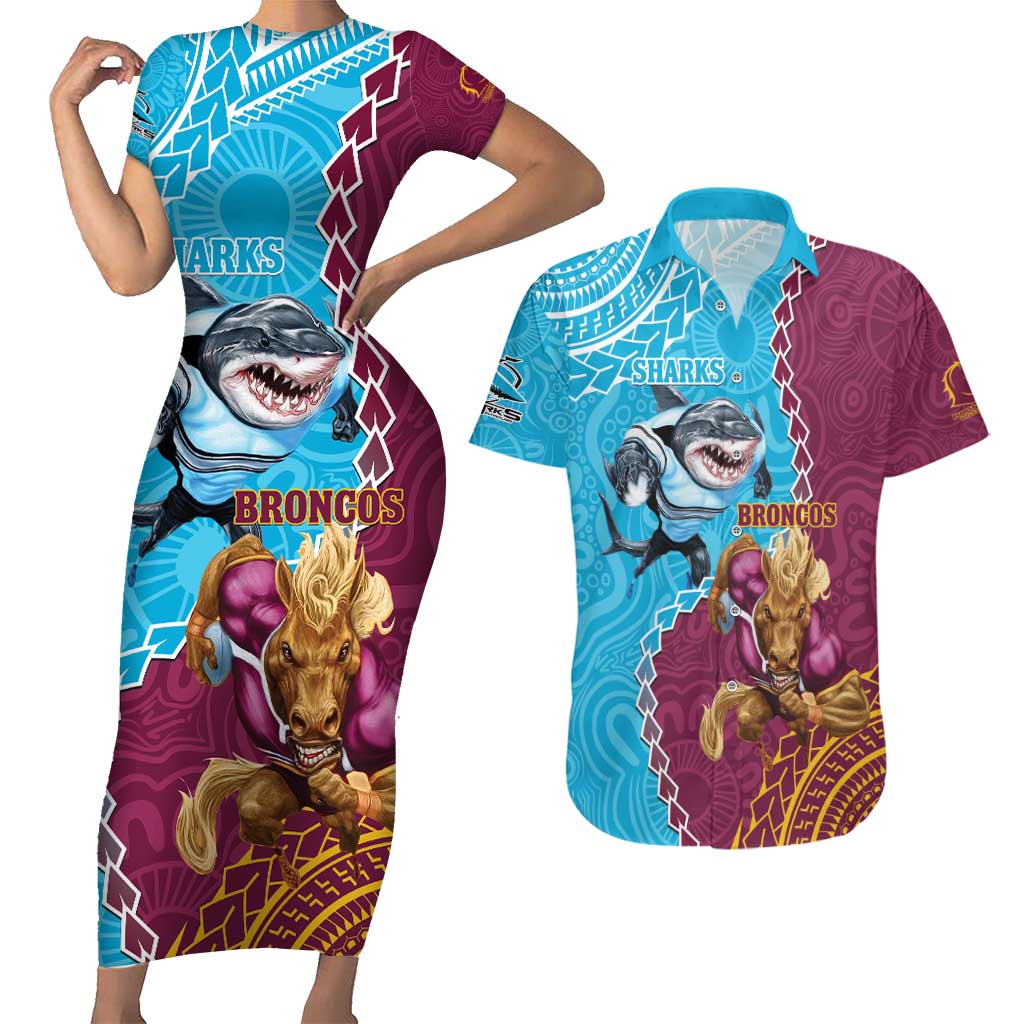 Personalised Sharks And Broncos Rugby Couples Matching Short Sleeve Bodycon Dress and Hawaiian Shirt Aboriginal Mix Polynesian Pattern