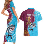 Personalised Sharks And Broncos Rugby Couples Matching Short Sleeve Bodycon Dress and Hawaiian Shirt Aboriginal Mix Polynesian Pattern