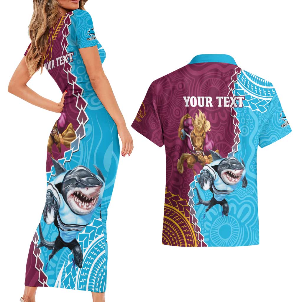 Personalised Sharks And Broncos Rugby Couples Matching Short Sleeve Bodycon Dress and Hawaiian Shirt Aboriginal Mix Polynesian Pattern