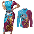 Personalised Sharks And Broncos Rugby Couples Matching Short Sleeve Bodycon Dress and Long Sleeve Button Shirt Aboriginal Mix Polynesian Pattern