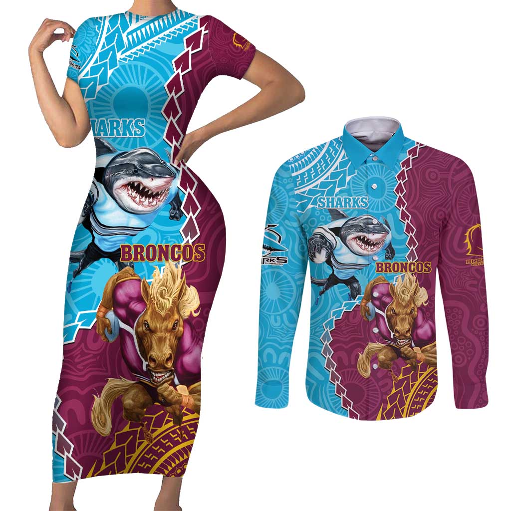 Personalised Sharks And Broncos Rugby Couples Matching Short Sleeve Bodycon Dress and Long Sleeve Button Shirt Aboriginal Mix Polynesian Pattern