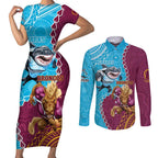 Personalised Sharks And Broncos Rugby Couples Matching Short Sleeve Bodycon Dress and Long Sleeve Button Shirt Aboriginal Mix Polynesian Pattern