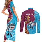 Personalised Sharks And Broncos Rugby Couples Matching Short Sleeve Bodycon Dress and Long Sleeve Button Shirt Aboriginal Mix Polynesian Pattern