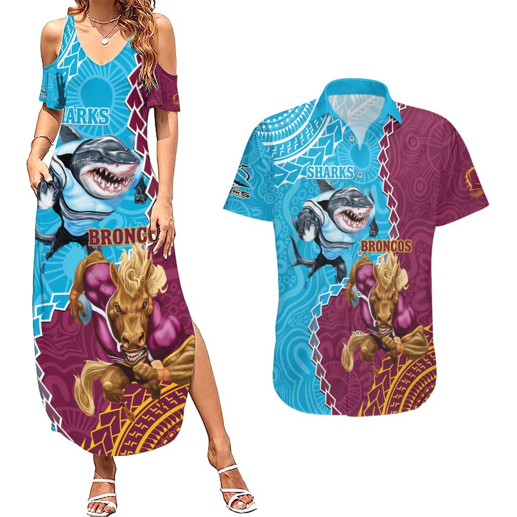 Personalised Sharks And Broncos Rugby Couples Matching Summer Maxi Dress and Hawaiian Shirt Aboriginal Mix Polynesian Pattern