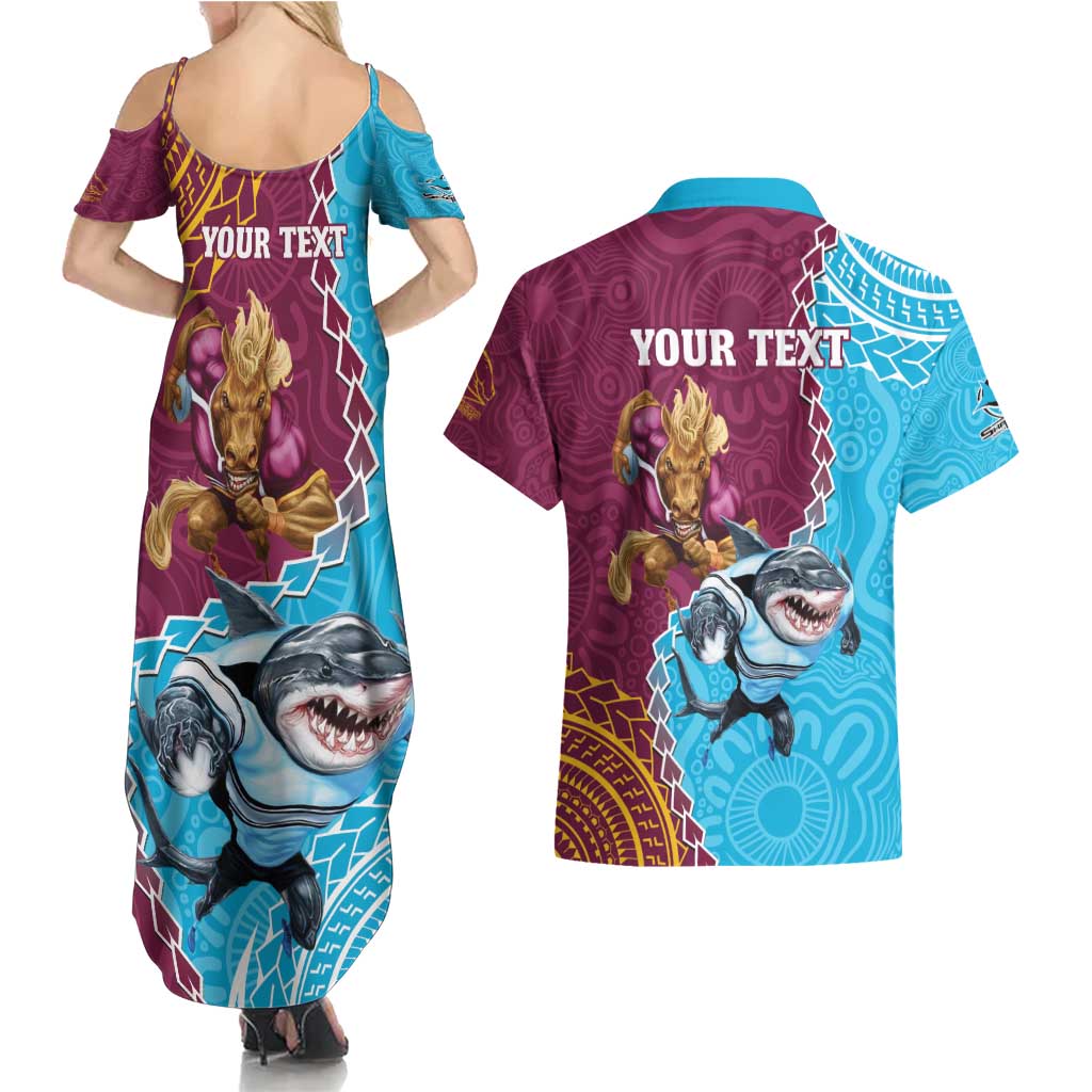 Personalised Sharks And Broncos Rugby Couples Matching Summer Maxi Dress and Hawaiian Shirt Aboriginal Mix Polynesian Pattern