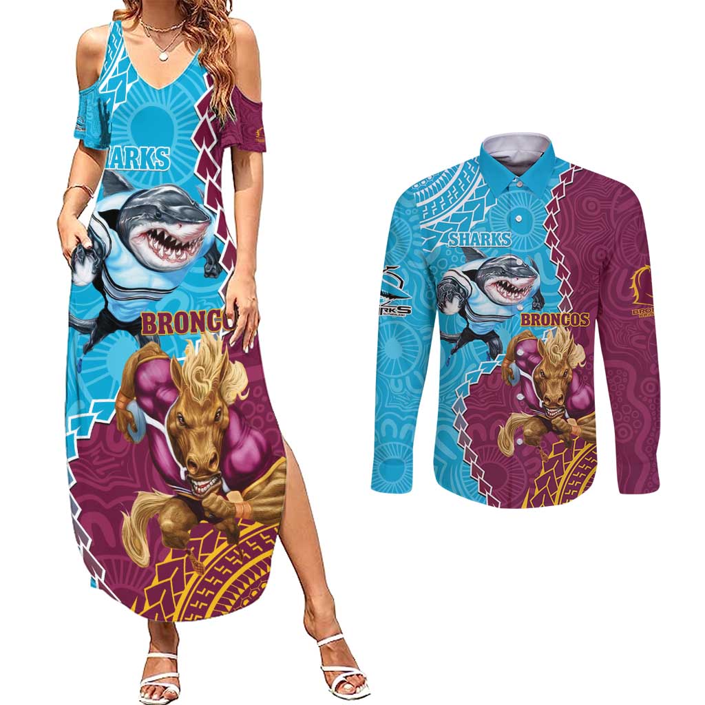 Personalised Sharks And Broncos Rugby Couples Matching Summer Maxi Dress and Long Sleeve Button Shirt Aboriginal Mix Polynesian Pattern