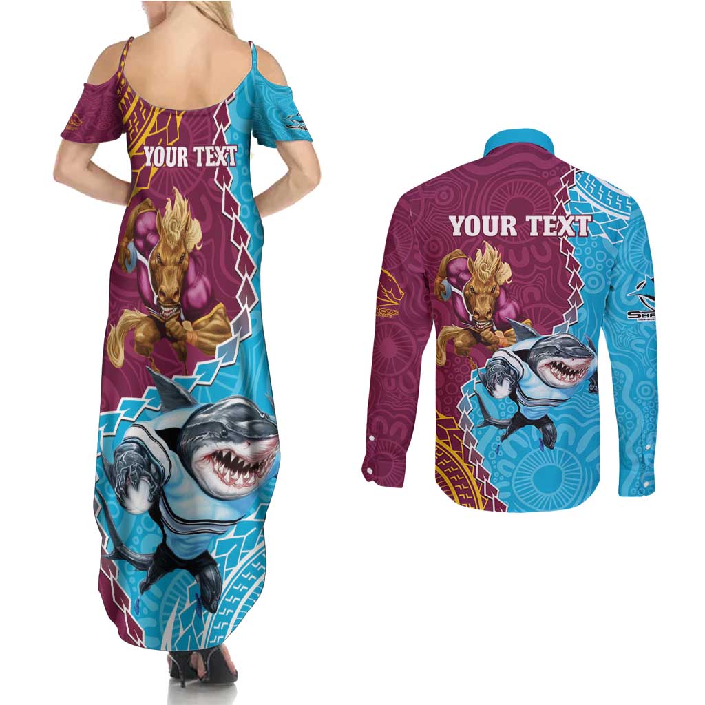 Personalised Sharks And Broncos Rugby Couples Matching Summer Maxi Dress and Long Sleeve Button Shirt Aboriginal Mix Polynesian Pattern