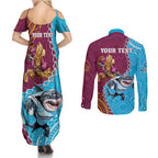 Personalised Sharks And Broncos Rugby Couples Matching Summer Maxi Dress and Long Sleeve Button Shirt Aboriginal Mix Polynesian Pattern