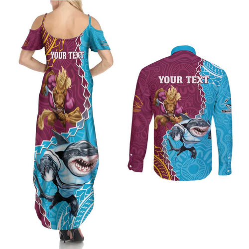 Personalised Sharks And Broncos Rugby Couples Matching Summer Maxi Dress and Long Sleeve Button Shirt Aboriginal Mix Polynesian Pattern