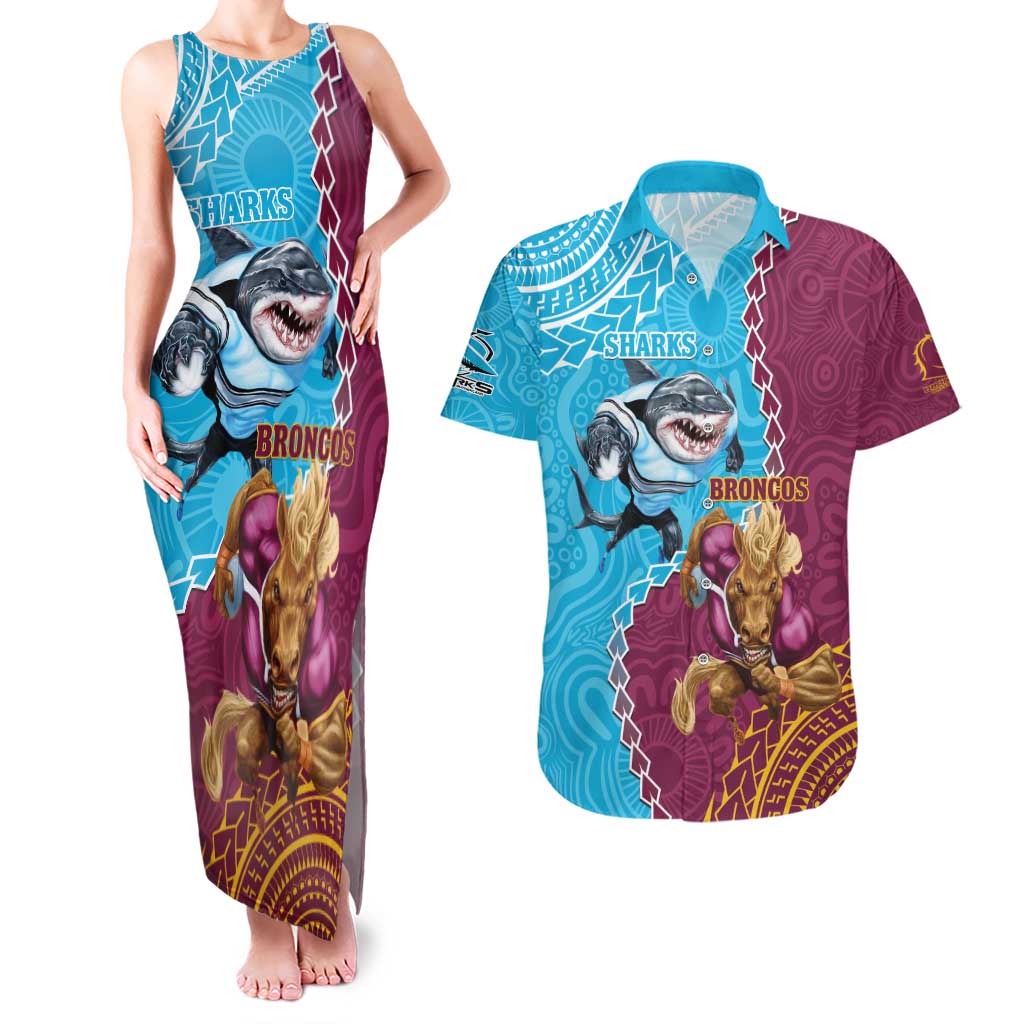 Personalised Sharks And Broncos Rugby Couples Matching Tank Maxi Dress and Hawaiian Shirt Aboriginal Mix Polynesian Pattern
