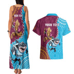 Personalised Sharks And Broncos Rugby Couples Matching Tank Maxi Dress and Hawaiian Shirt Aboriginal Mix Polynesian Pattern