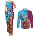 Personalised Sharks And Broncos Rugby Couples Matching Tank Maxi Dress and Long Sleeve Button Shirt Aboriginal Mix Polynesian Pattern