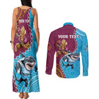 Personalised Sharks And Broncos Rugby Couples Matching Tank Maxi Dress and Long Sleeve Button Shirt Aboriginal Mix Polynesian Pattern