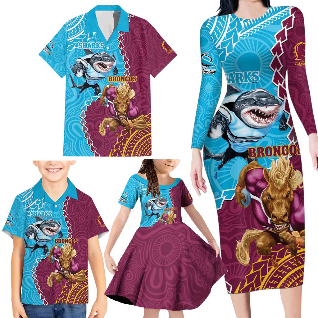 Personalised Sharks And Broncos Rugby Family Matching Long Sleeve Bodycon Dress and Hawaiian Shirt Aboriginal Mix Polynesian Pattern