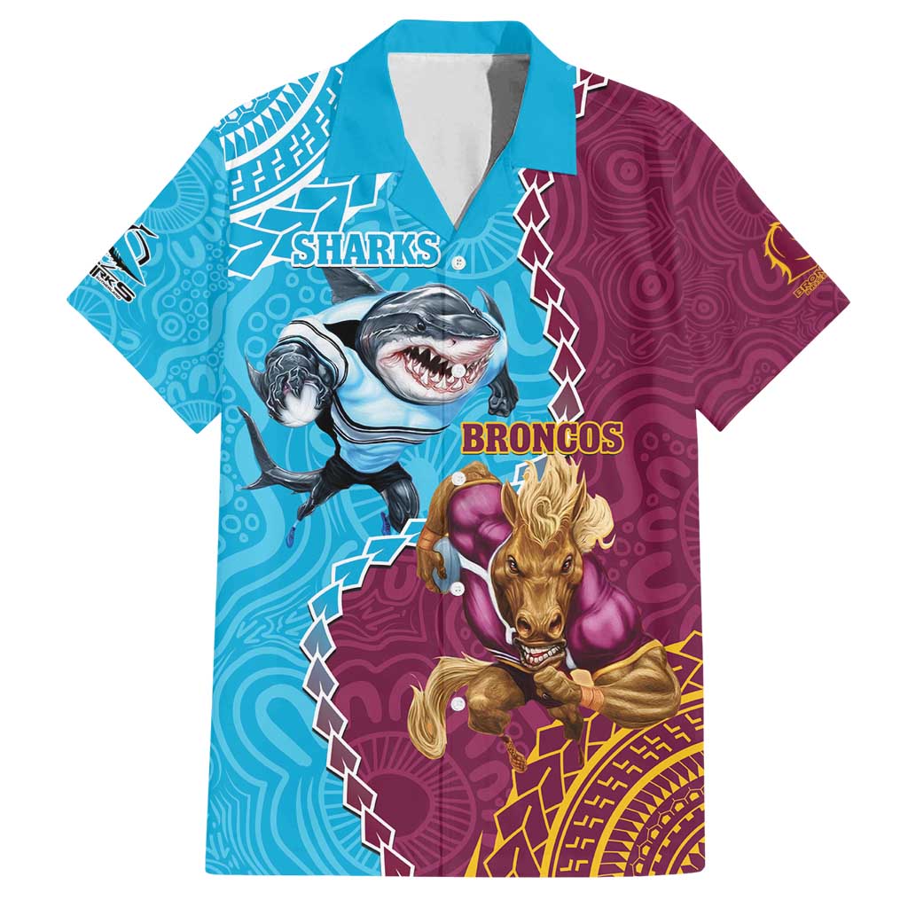 Personalised Sharks And Broncos Rugby Family Matching Long Sleeve Bodycon Dress and Hawaiian Shirt Aboriginal Mix Polynesian Pattern