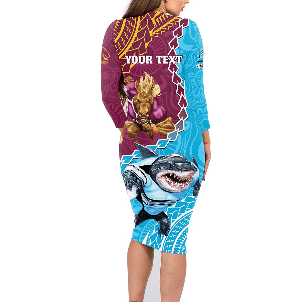 Personalised Sharks And Broncos Rugby Family Matching Long Sleeve Bodycon Dress and Hawaiian Shirt Aboriginal Mix Polynesian Pattern