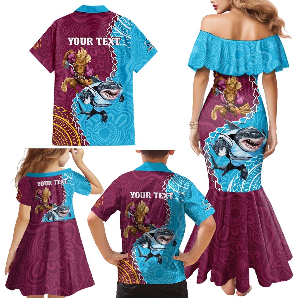 Personalised Sharks And Broncos Rugby Family Matching Mermaid Dress and Hawaiian Shirt Aboriginal Mix Polynesian Pattern