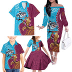 Personalised Sharks And Broncos Rugby Family Matching Off The Shoulder Long Sleeve Dress and Hawaiian Shirt Aboriginal Mix Polynesian Pattern