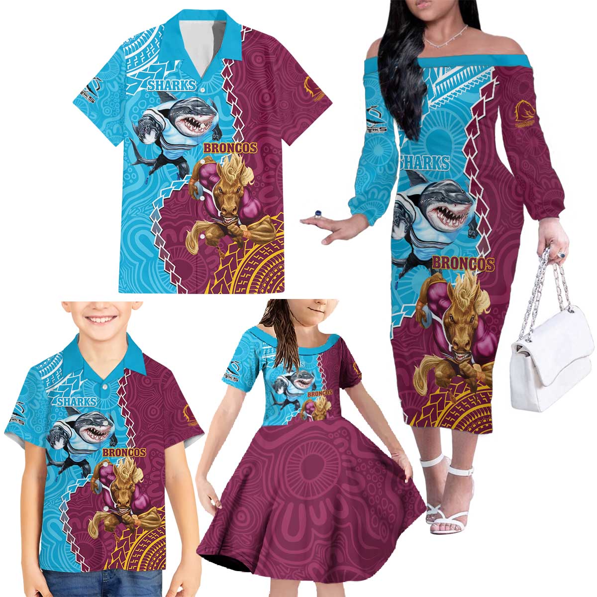 Personalised Sharks And Broncos Rugby Family Matching Off The Shoulder Long Sleeve Dress and Hawaiian Shirt Aboriginal Mix Polynesian Pattern