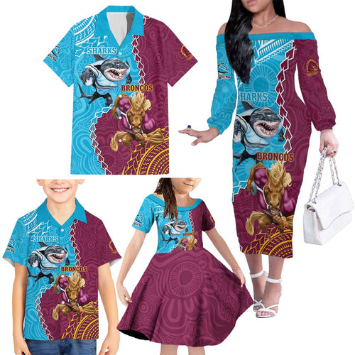 Personalised Sharks And Broncos Rugby Family Matching Off The Shoulder Long Sleeve Dress and Hawaiian Shirt Aboriginal Mix Polynesian Pattern