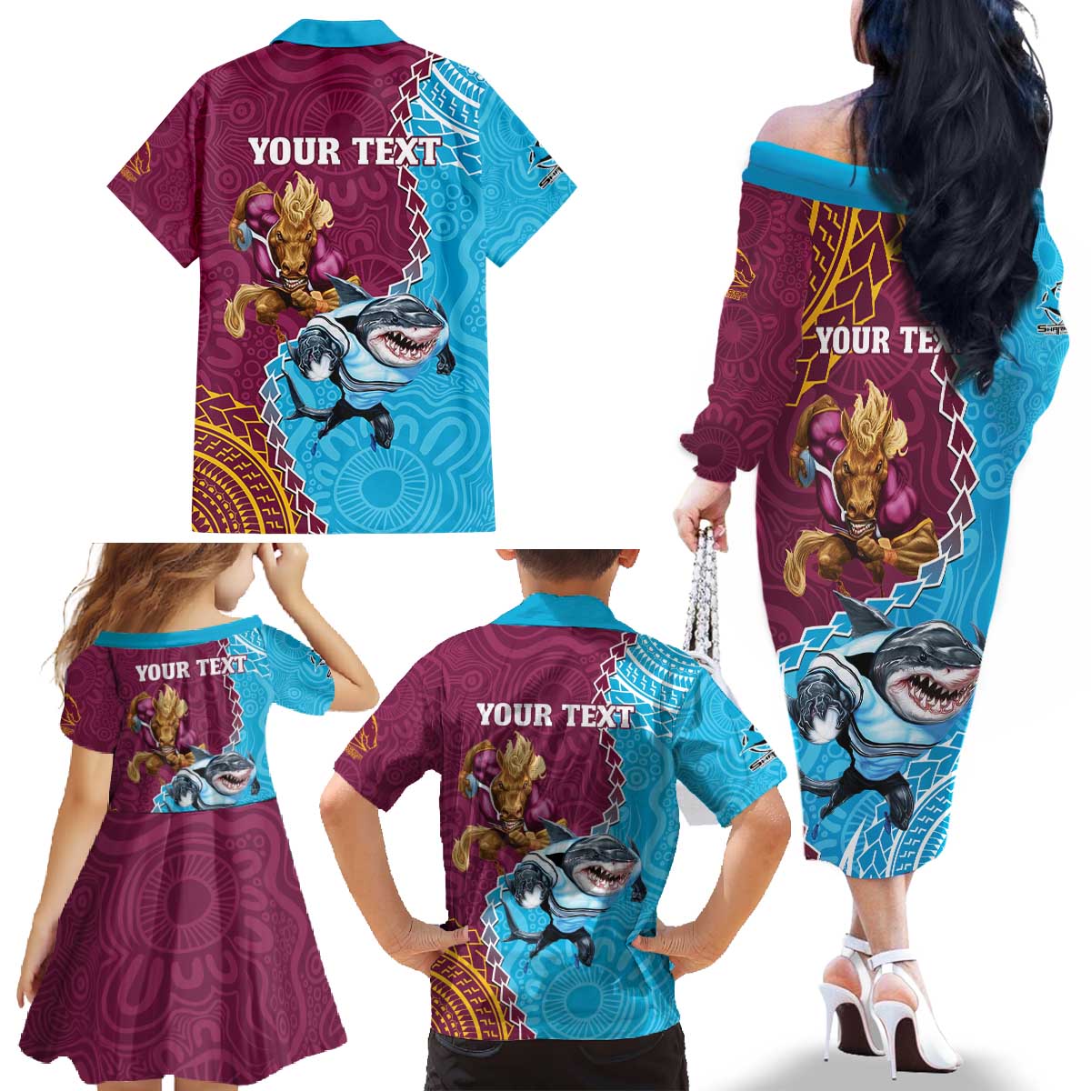 Personalised Sharks And Broncos Rugby Family Matching Off The Shoulder Long Sleeve Dress and Hawaiian Shirt Aboriginal Mix Polynesian Pattern
