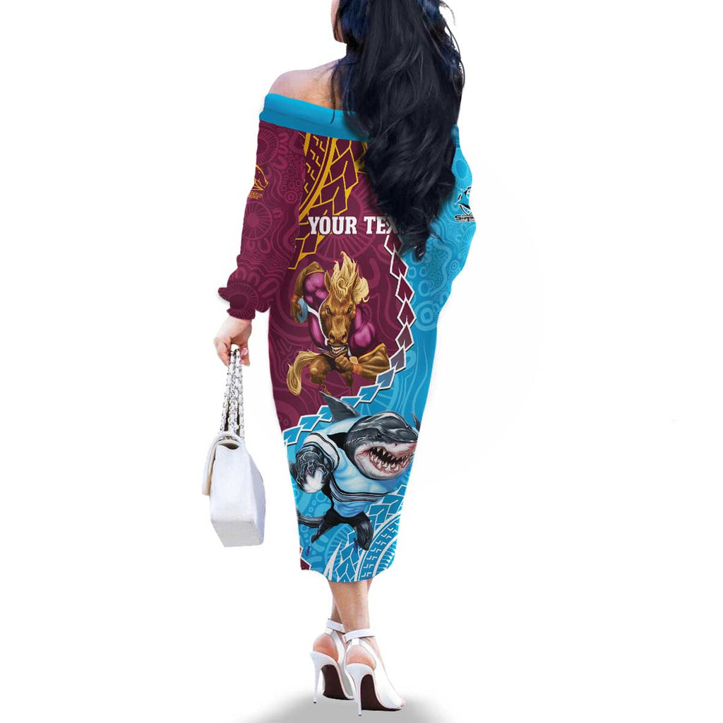 Personalised Sharks And Broncos Rugby Family Matching Off The Shoulder Long Sleeve Dress and Hawaiian Shirt Aboriginal Mix Polynesian Pattern