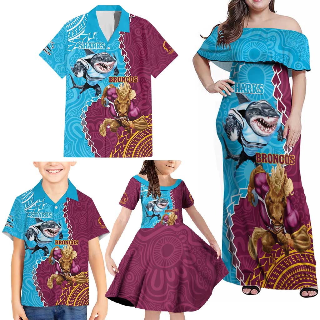 Personalised Sharks And Broncos Rugby Family Matching Off Shoulder Maxi Dress and Hawaiian Shirt Aboriginal Mix Polynesian Pattern