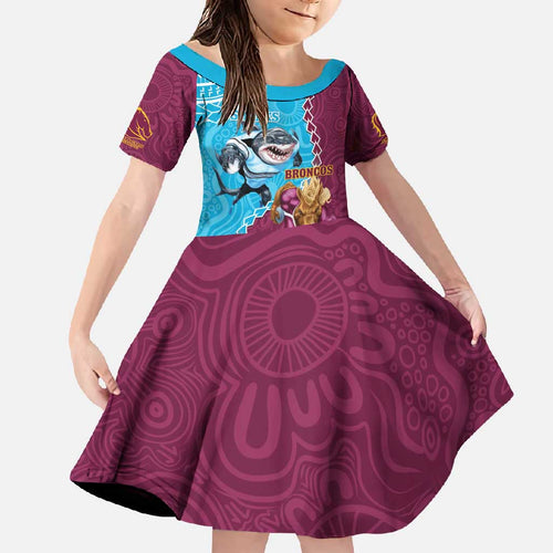 Personalised Sharks And Broncos Rugby Family Matching Off Shoulder Maxi Dress and Hawaiian Shirt Aboriginal Mix Polynesian Pattern