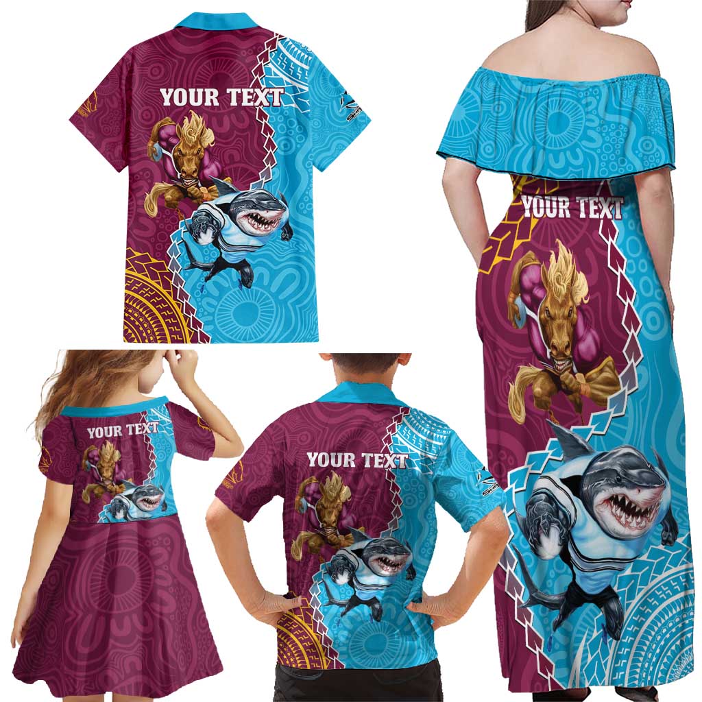 Personalised Sharks And Broncos Rugby Family Matching Off Shoulder Maxi Dress and Hawaiian Shirt Aboriginal Mix Polynesian Pattern