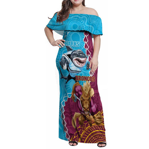 Personalised Sharks And Broncos Rugby Family Matching Off Shoulder Maxi Dress and Hawaiian Shirt Aboriginal Mix Polynesian Pattern