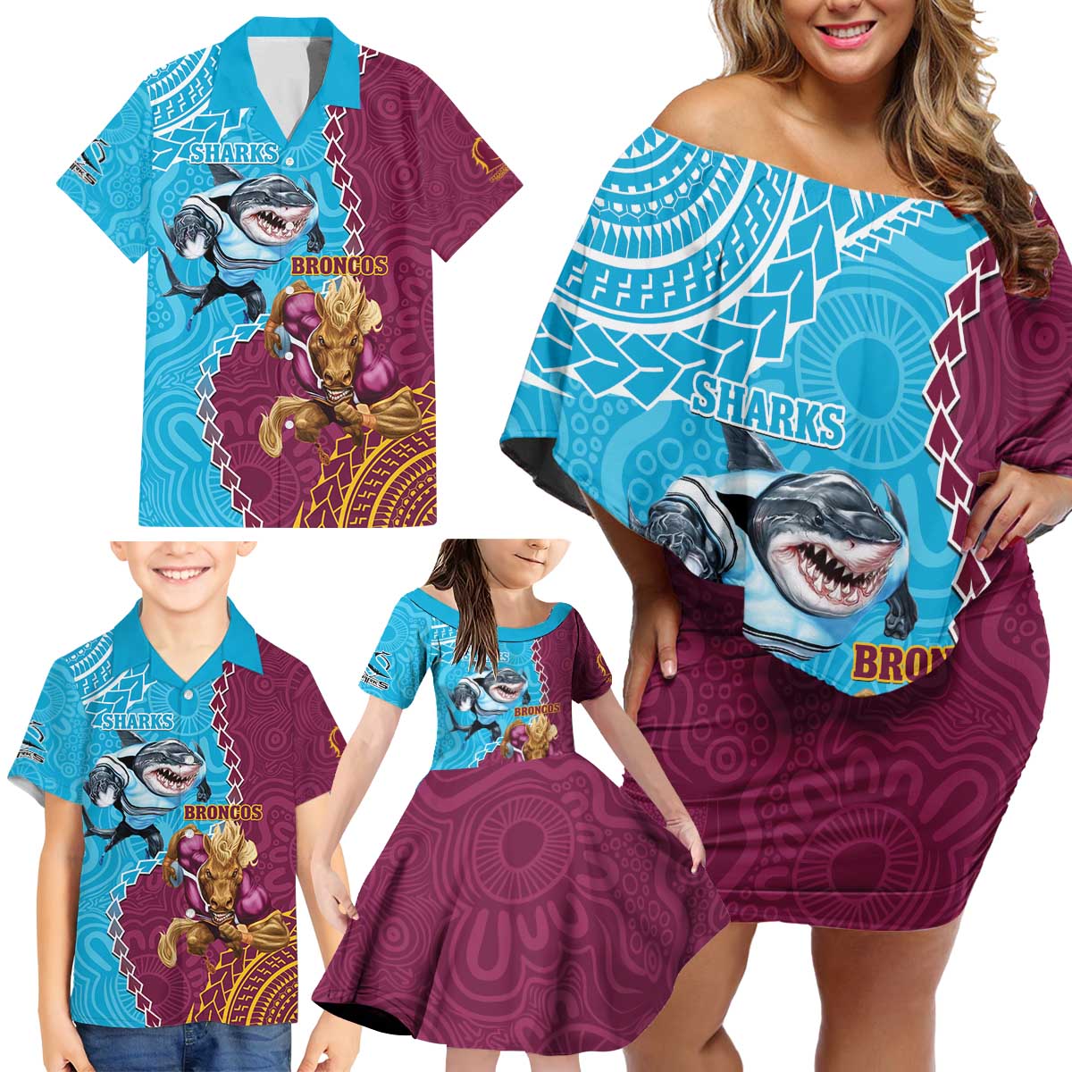 Personalised Sharks And Broncos Rugby Family Matching Off Shoulder Short Dress and Hawaiian Shirt Aboriginal Mix Polynesian Pattern