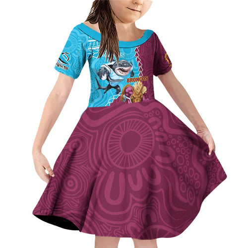 Personalised Sharks And Broncos Rugby Family Matching Off Shoulder Short Dress and Hawaiian Shirt Aboriginal Mix Polynesian Pattern