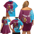 Personalised Sharks And Broncos Rugby Family Matching Off Shoulder Short Dress and Hawaiian Shirt Aboriginal Mix Polynesian Pattern