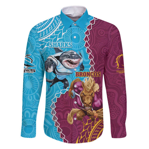 Personalised Sharks And Broncos Rugby Family Matching Off Shoulder Short Dress and Hawaiian Shirt Aboriginal Mix Polynesian Pattern