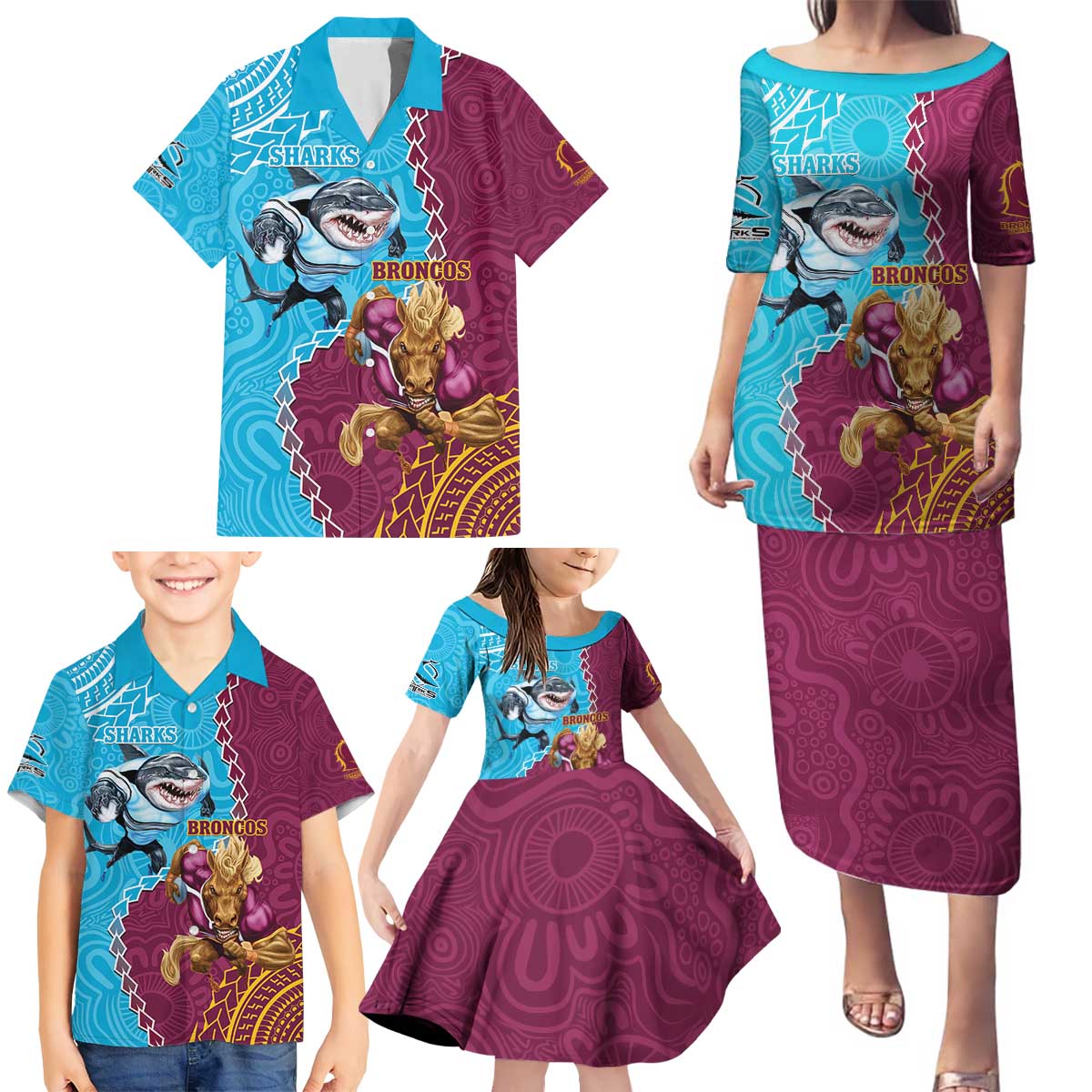 Personalised Sharks And Broncos Rugby Family Matching Puletasi and Hawaiian Shirt Aboriginal Mix Polynesian Pattern