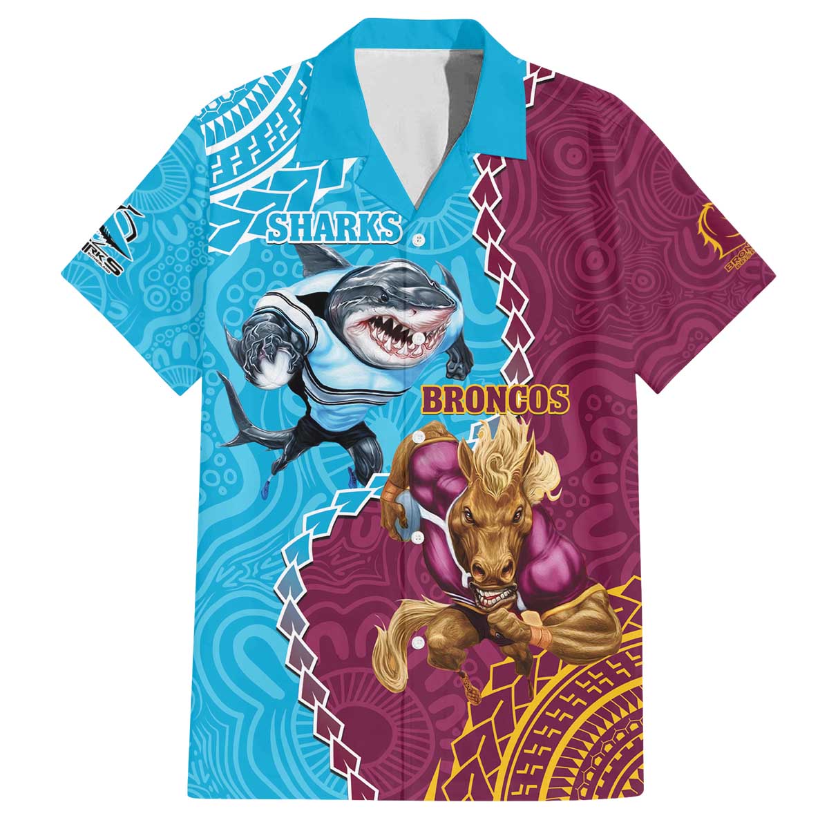 Personalised Sharks And Broncos Rugby Family Matching Puletasi and Hawaiian Shirt Aboriginal Mix Polynesian Pattern