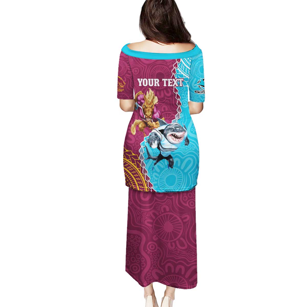 Personalised Sharks And Broncos Rugby Family Matching Puletasi and Hawaiian Shirt Aboriginal Mix Polynesian Pattern