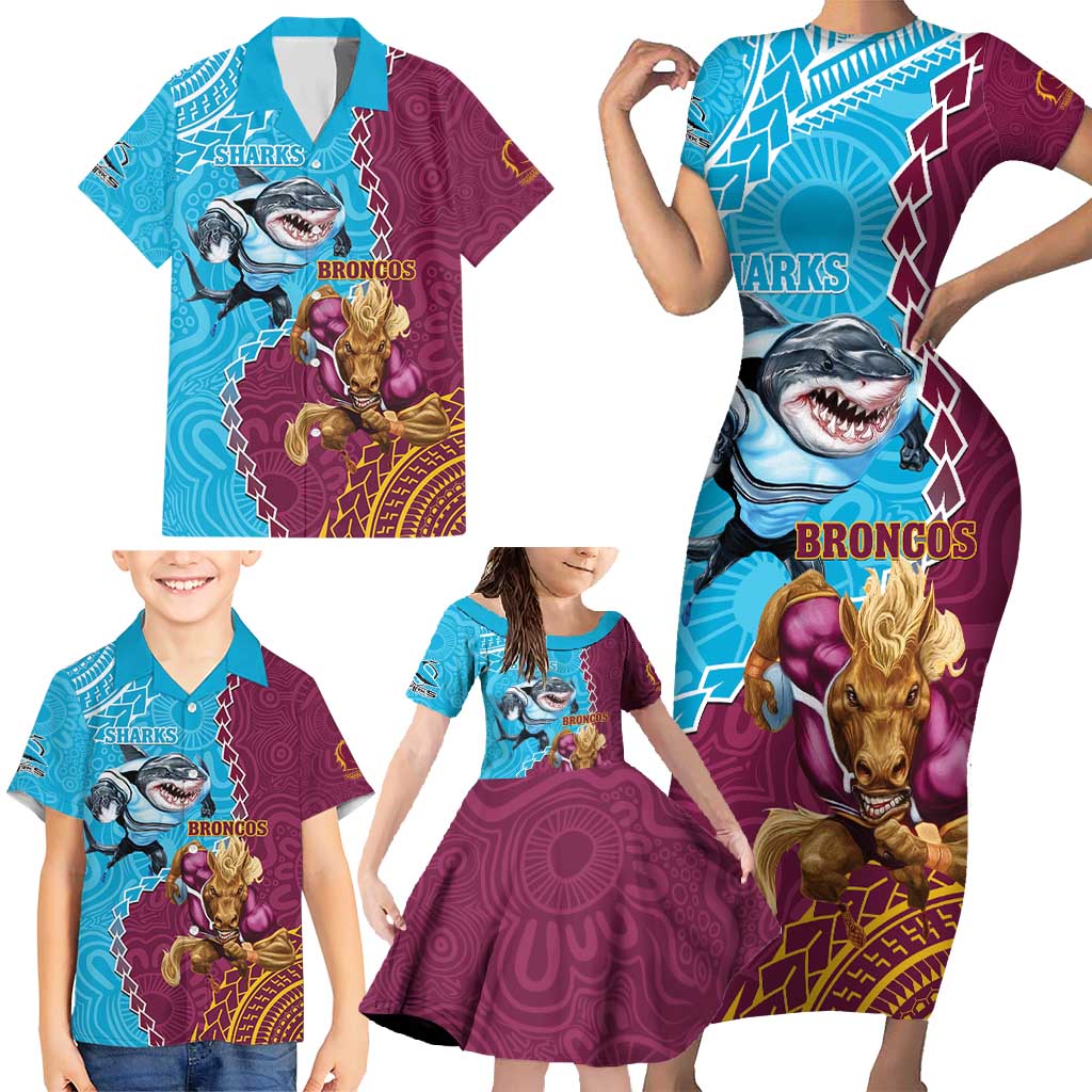 Personalised Sharks And Broncos Rugby Family Matching Short Sleeve Bodycon Dress and Hawaiian Shirt Aboriginal Mix Polynesian Pattern