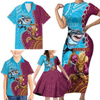 Personalised Sharks And Broncos Rugby Family Matching Short Sleeve Bodycon Dress and Hawaiian Shirt Aboriginal Mix Polynesian Pattern
