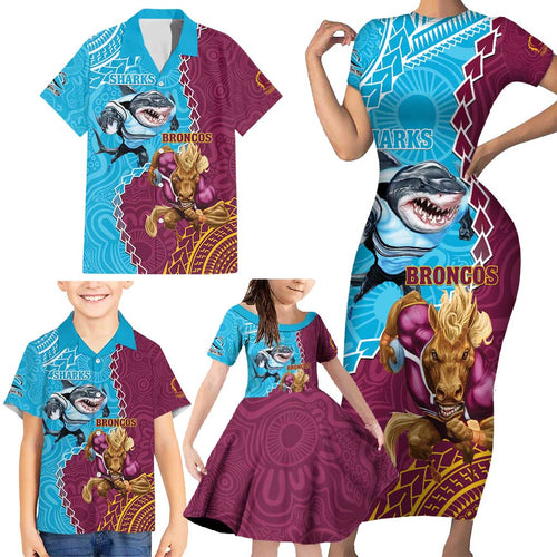 Personalised Sharks And Broncos Rugby Family Matching Short Sleeve Bodycon Dress and Hawaiian Shirt Aboriginal Mix Polynesian Pattern