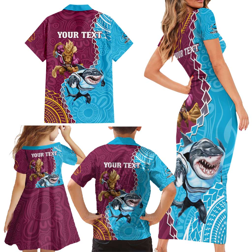 Personalised Sharks And Broncos Rugby Family Matching Short Sleeve Bodycon Dress and Hawaiian Shirt Aboriginal Mix Polynesian Pattern