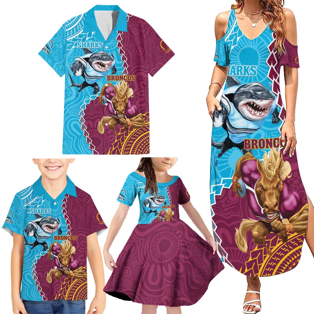 Personalised Sharks And Broncos Rugby Family Matching Summer Maxi Dress and Hawaiian Shirt Aboriginal Mix Polynesian Pattern