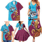 Personalised Sharks And Broncos Rugby Family Matching Summer Maxi Dress and Hawaiian Shirt Aboriginal Mix Polynesian Pattern